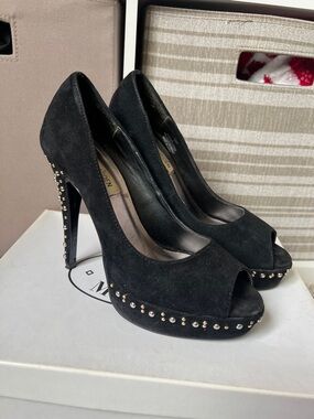 Steve Madden Black Suede Peep-Toe Studded Platform Heels